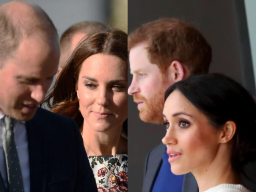 Princ William s vojvodkyňou Kate a princ Harry s Meghan Markle, vedľa seba.