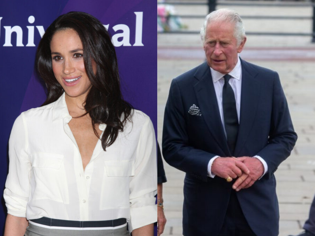 Meghan Markle a Kráľ Karol III, side by side.