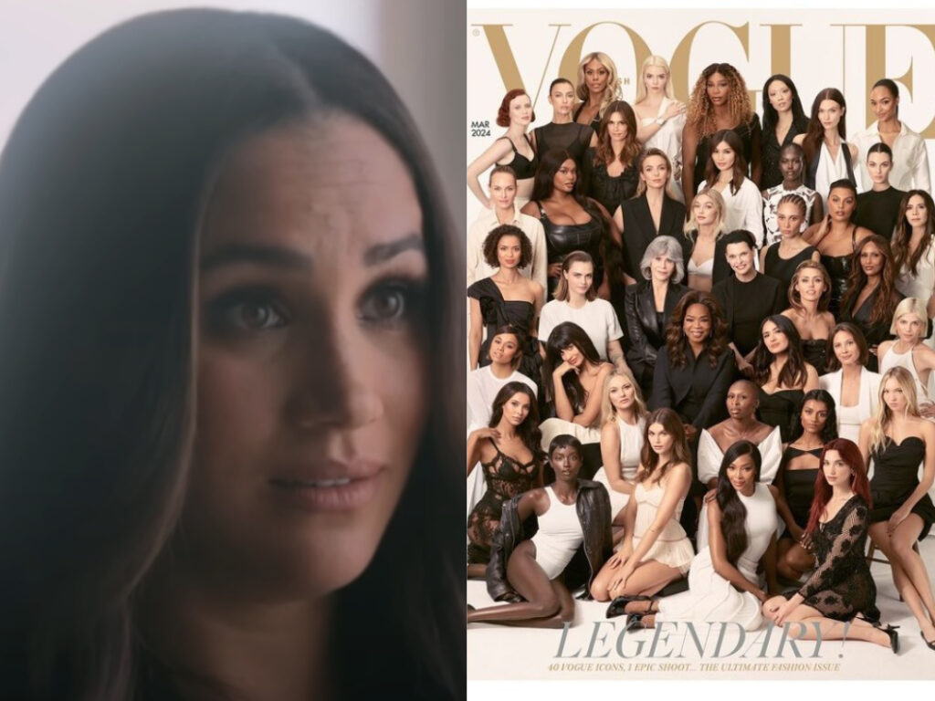 Meghan Markle (naľavo), Vogue obálka 40 vogue Icons (napravo).